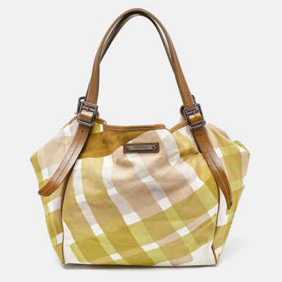 Pre-owned Burberry Green/brown Check Canvas And Leather Canterbury Tote