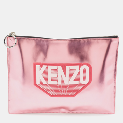 Pre-owned Kenzo Metallic Pink Leather Logo Top Zip Pouch