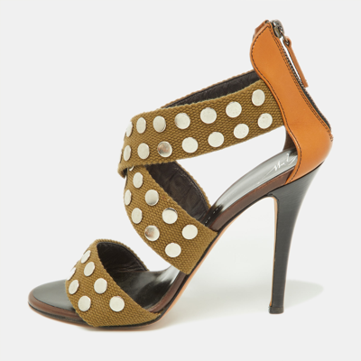 Pre-owned Giuseppe Zanotti Olive Green/brown Canvas And Leather Studded Strappy Sandals Size 40.5