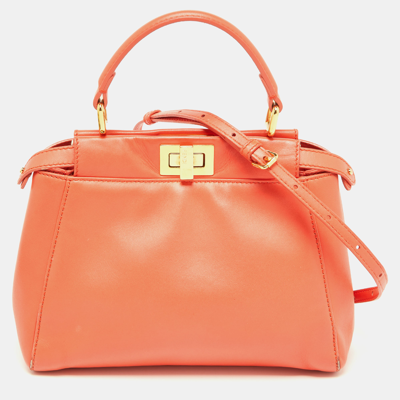 Pre-owned Fendi Orange Leather Mini Peekaboo Top Handle Bag