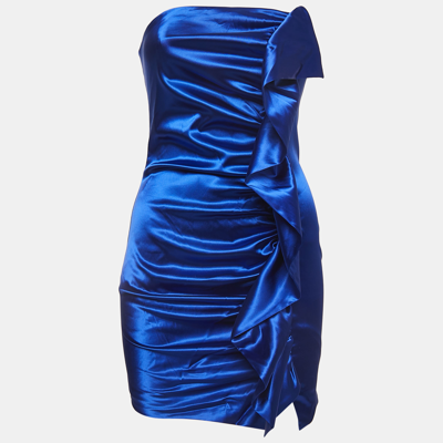 Pre-owned Collini Royal Blue Satin Ruched Strapless Mini Dress S