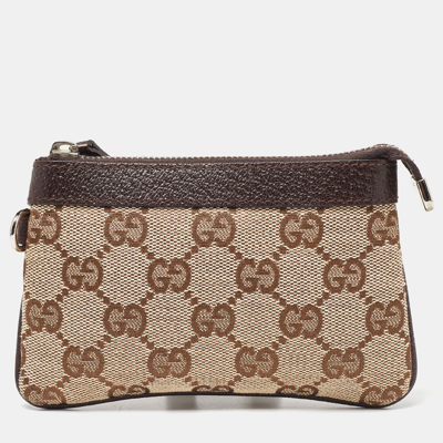 Pre-owned Gucci Beige/brown Gg Canvas And Leather Zip Pouch
