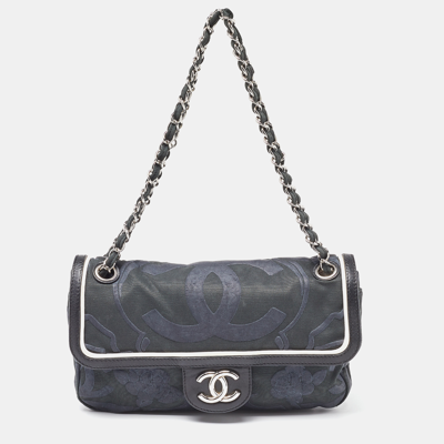 Pre-owned Chanel Tri Colour Cc Logo Camellia Embossed Canvas And Leather East West Flap Bag In Multicolor