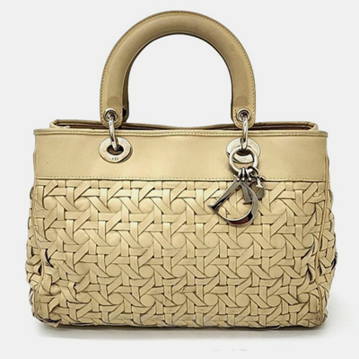Pre-owned Dior Christian  Woven Cannage Tote Bag In Beige