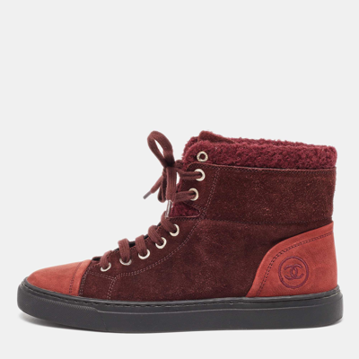 Pre-owned Chanel Burgundy Suede And Wool Trim Cc High Top Trainers Size 37.5