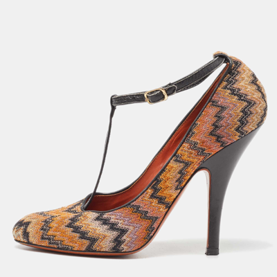 Pre-owned Missoni Black/orange Fabric And Leather Ankle T-strap Pumps Size 37