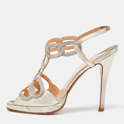 Pre-owned Christian Louboutin Gold Lurex Fabric Crystal Embellished Ankle Strap Sandals Size 38