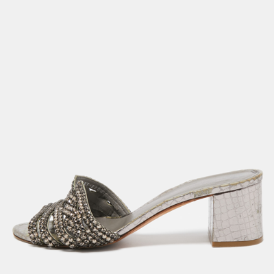 Pre-owned Gina Metallic Grey Crystal Embellished Leather Slide Sandals Size 37.5