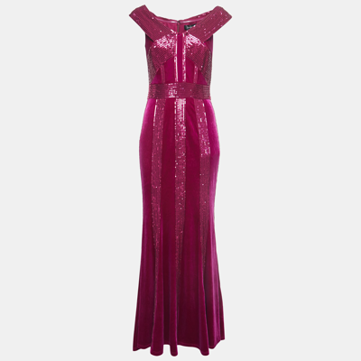 Pre-owned Tadashi Shoji Magenta Pink Velvet And Sequin Rhea Gown S