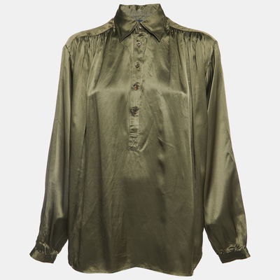 Pre-owned Ralph Lauren Olive Green Silk Long Sleeve Blouse L