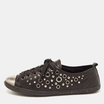 Pre-owned Prada Black Leather Studded Low Top Trainers Size 37