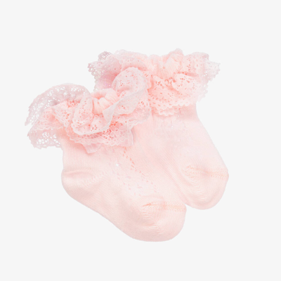 Beau Kid Babies'  Girls Pink Cotton & Lace Ruffle Socks