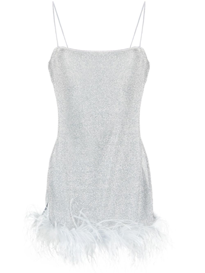 Oseree Feather-trim Lurex Mini Dress In Silver