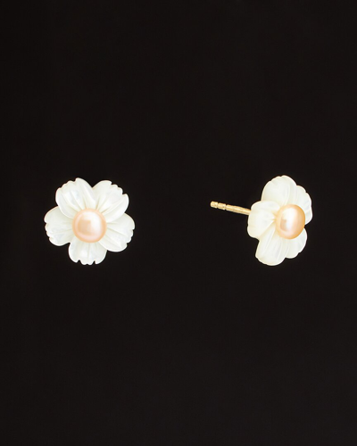 Italian Gold 18k  Pearl Flower Studs In White