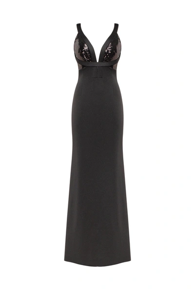MILLA SHOW-STEALER BLACK MAXI DRESS WITH A V-NECKLINE, SMOKY QUARTZ