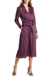 Tahari Asl Geo Print Long Sleeve Hammered Satin Midi Shirtdress In Navy/ Black Cherry