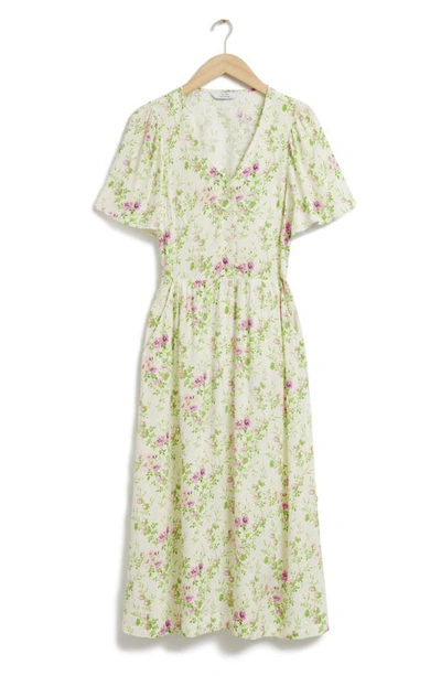 & Other Stories Floral Flutter Sleeve Dress In White Multi Floral