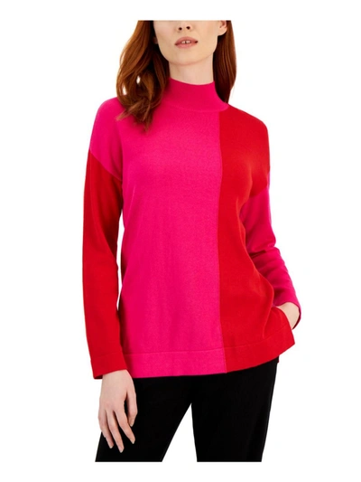 Anne Klein Womens Mock Turtleneck Vertical Colorblock Mock Turtleneck Sweater In Pink