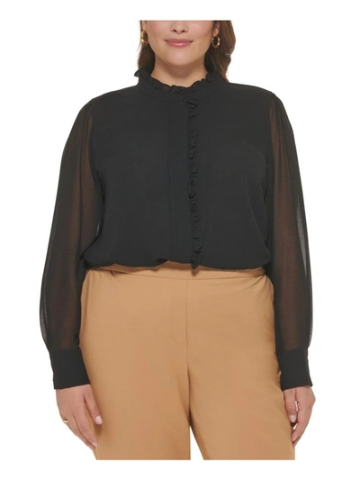 Calvin Klein Plus Womens Front Ruffle Button Down Blouse In Black