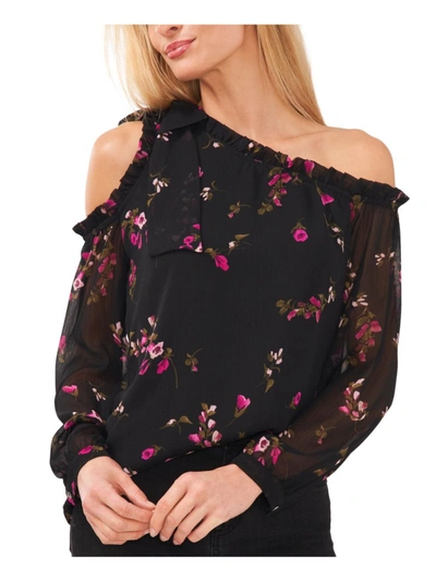 Cece Womens Floral Ruffle Collar Blouse In Black