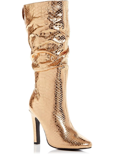 Kurt Geiger Shoreditch Womens Leather Snake Print Knee-high Boots In Gold