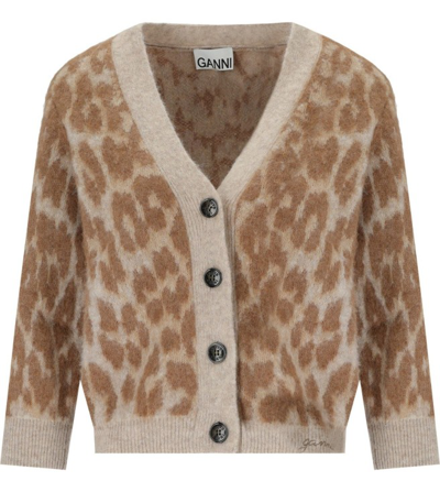 Ganni Leopard-jacquard Cardigan In Beige