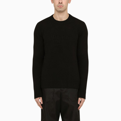 Prada Black Wool Cashmere Crew-neck Sweater With Logo Men In Brown