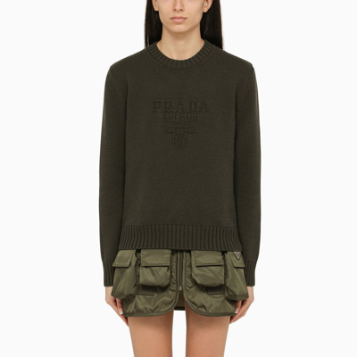 Prada Military Cashmere And Wool Crew-neck Jumper With Logo Women In Green