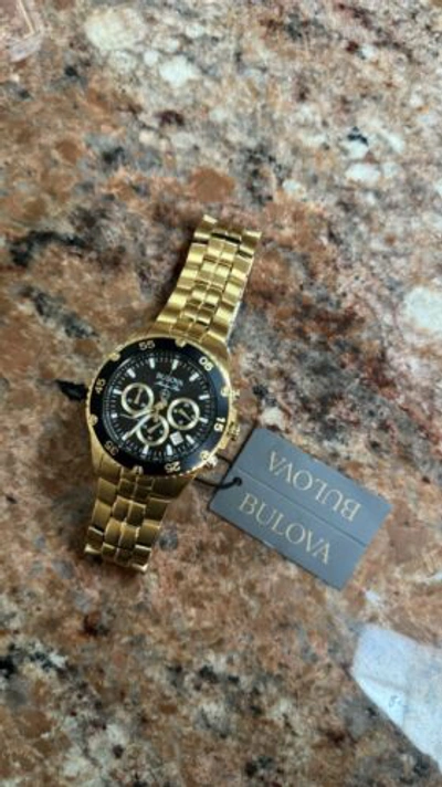 Pre-owned Bulova Mens Marine Star Gold Chronograph Black Dial Stainless Steel Watch 98b250