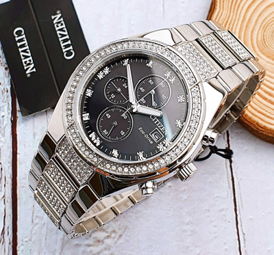 Pre-owned Citizen Eco-drive Crystal Silver Tone Black Dial Men's Watch Ca0750-53e