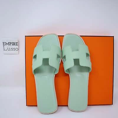 Pre-owned Hermes 38  Oran H Sandals Slippers Classic Epsom Vert Jade Green