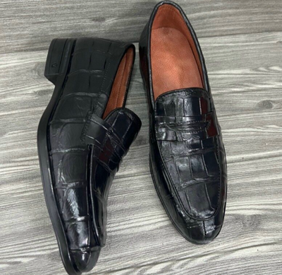 Pre-owned Handmade Men's Shoes Genuine Crocodile Alligator Skin Leather  Size Us10 - Eur43 In Black