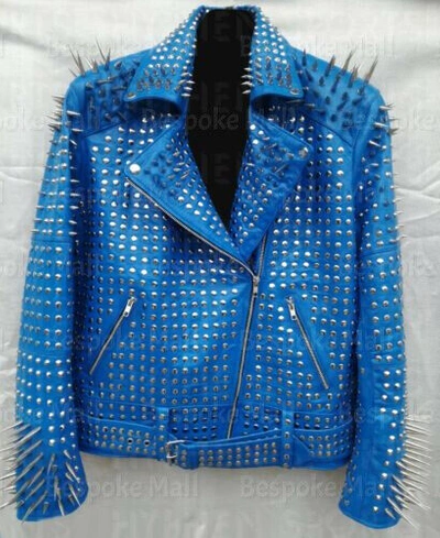 Pre-owned Handmade Men's Punk Blue Silver Long Spiked Studded Brando Biker Leather Jacket-839