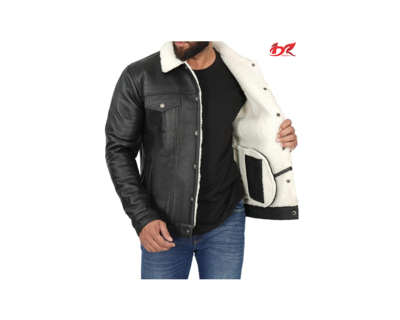 Pre-owned Black Mens White Shearling  Leather Trucker Jacket, Leather Jacket,