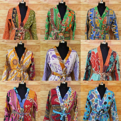 Pre-owned Handmade 5 Pcs Vintage  Kantha Winter Kimono Robs Ralli Bathrobe Jacket Coat In Multicolor