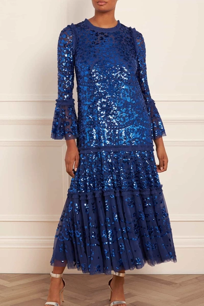Needle & Thread Annie Sequin Tiered Ankle Gown In Blue
