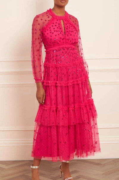 Lush Brand Pink Geometric Sequin Pattern Sheer Yoke Key Hole Detail Dress