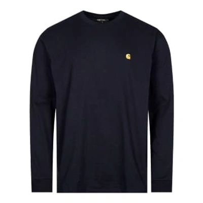 Carhartt Long Sleeve Chase T Shirt Dark Navy Gold In Black