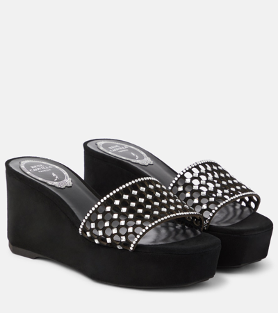 René Caovilla Embellished Suede Platform Wedge Mules In Black