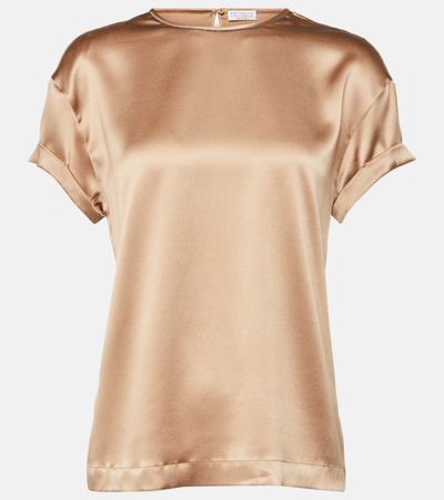 Brunello Cucinelli Silk-blend Satin T-shirt In Neutrals