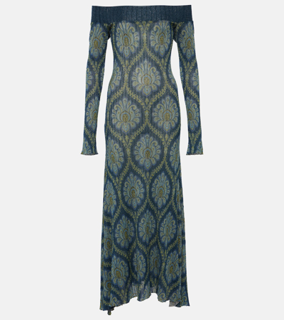 Etro Printed Off-shoulder Midi Dress In Blu