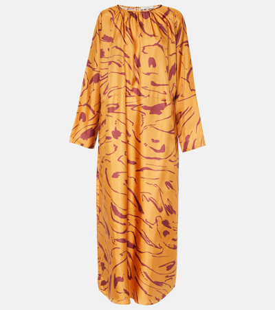 Asceno Valencia Printed Silk Maxi Dress In Orange