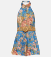 Zimmermann August Belted Floral-print Linen Halterneck Playsuit In Dusty Blue Floral