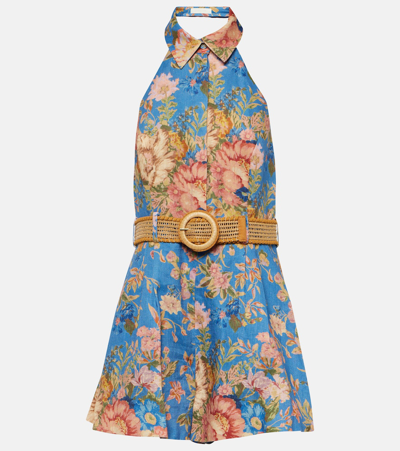 Zimmermann August Belted Floral-print Linen Halterneck Playsuit In Blue