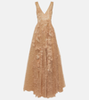 Costarellos Appliqué Tulle Gown In Beige