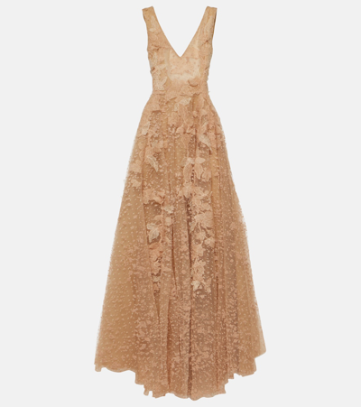 Costarellos Appliqué Tulle Gown In Beige