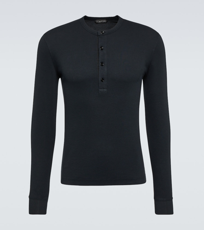 Tom Ford Ribbed-knit Jersey Henley Shirt In Black