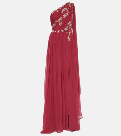 Costarellos One-shoulder Embroidered Silk Gown In Wine Red Dark Rose Flowers