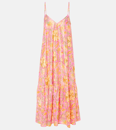 Juliet Dunn Floral Cotton Lamé Midi Dress In Hot Pink/ Coral