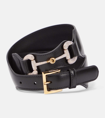 Gucci Horsebit Embellished Leather Belt In Nero/crystal